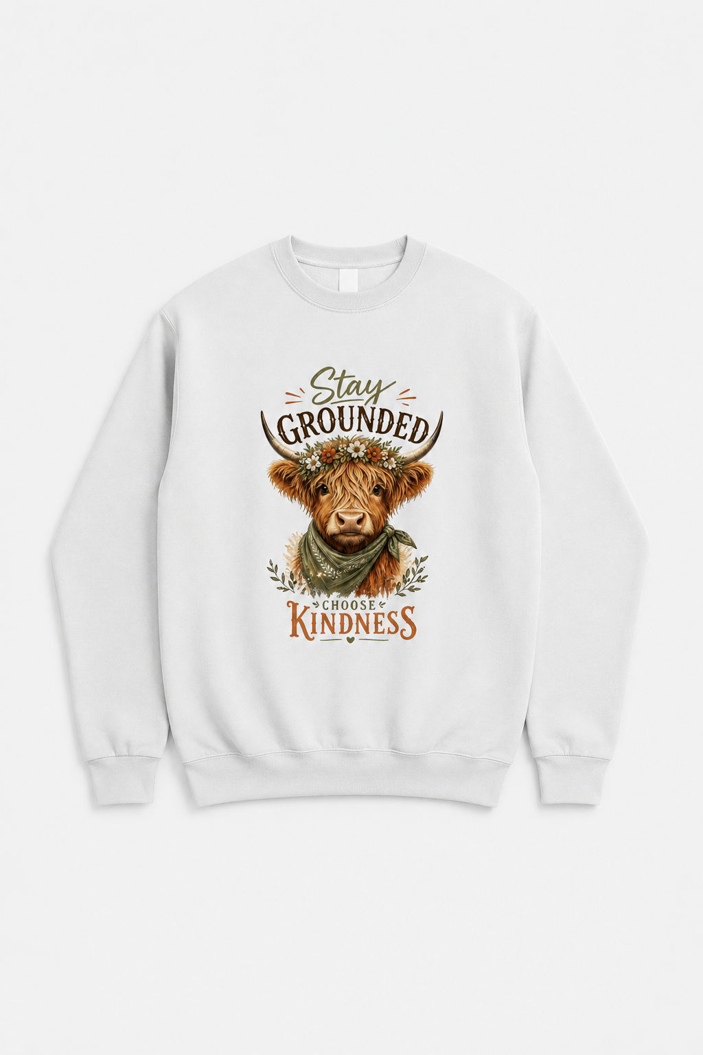 White crewneck sweatshirt with Stay Grounded Choose Kindness Highland cow graphic