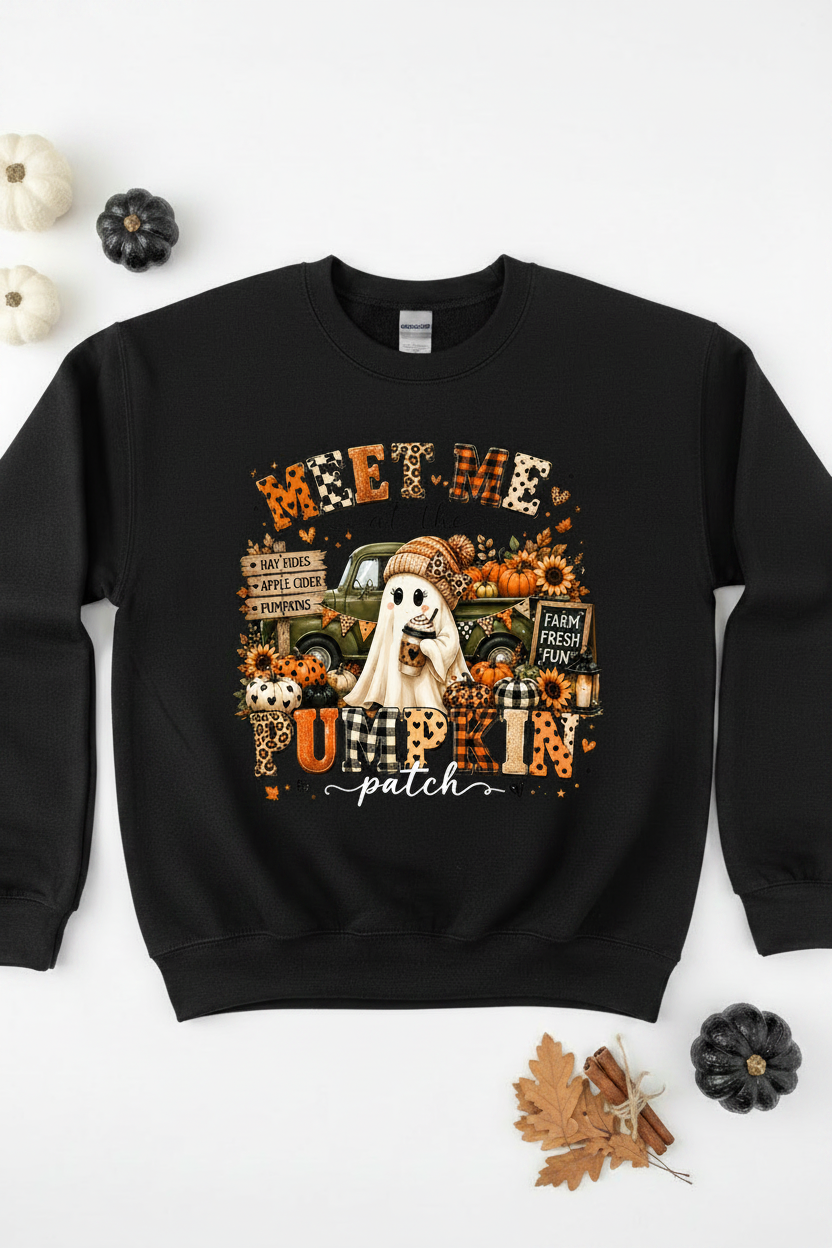 Black crewneck sweatshirt with Meet Me at the Pumpkin Patch graphic with white patch text